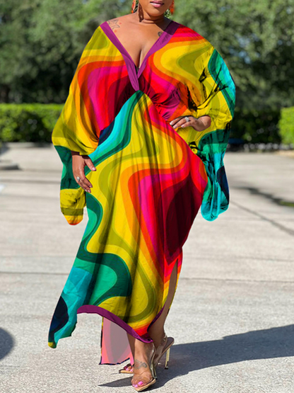 V-Neck Long Sleeve Print Dress(Wear Both Front And Back) - Serenitylovefashions LLC