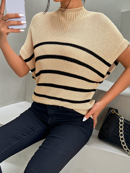 Ribbed Knit Sweater Batwing Sleeve Vest High Neck - Serenitylovefashions LLC