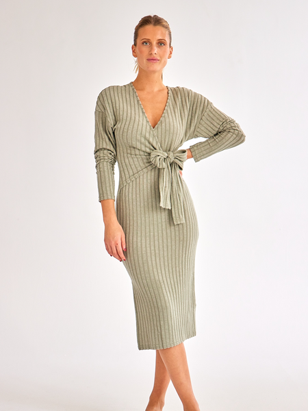 V-neck Long-sleeved Knitted Tie Dress - Serenitylovefashions LLC