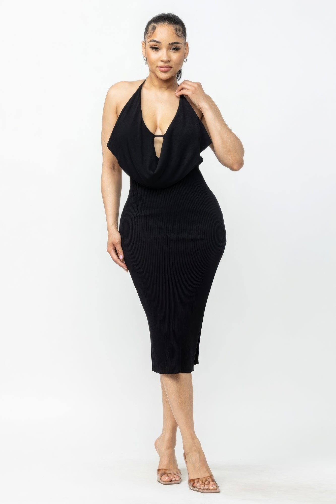 Tie Halter Drape Neck Midi Dress - Serenitylovefashions LLC