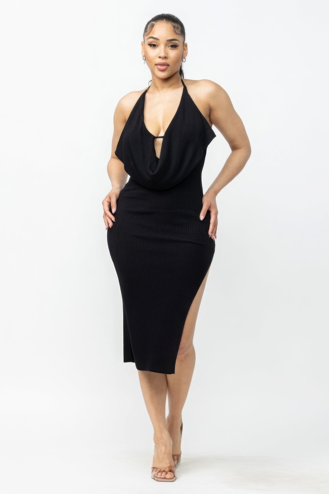 Tie Halter Drape Neck Midi Dress - Serenitylovefashions LLC