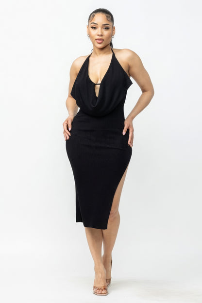 Tie Halter Drape Neck Midi Dress - Serenitylovefashions LLC