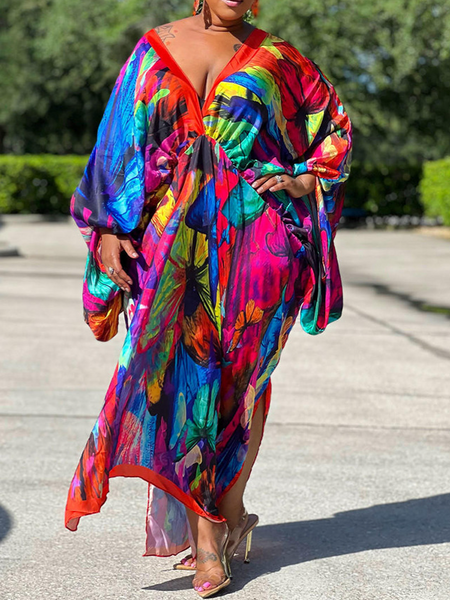 V-Neck Long Sleeve Print Dress(Wear Both Front And Back) - Serenitylovefashions LLC