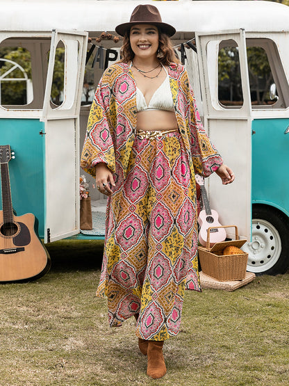Plus Size Printed Open Front Cover Up and Pants Set - Serenitylovefashions LLC