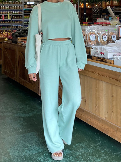 Waffle-Knit Round Neck Top and Pants Set - Serenitylovefashions LLC