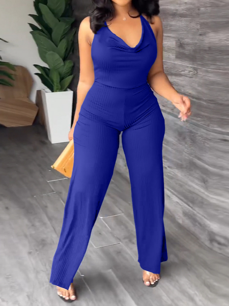 V-Pile Tie - Up Backless Casual Wide-Leg Jumpsuit - Serenitylovefashions LLC