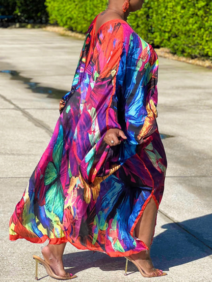 V-Neck Long Sleeve Print Dress(Wear Both Front And Back) - Serenitylovefashions LLC