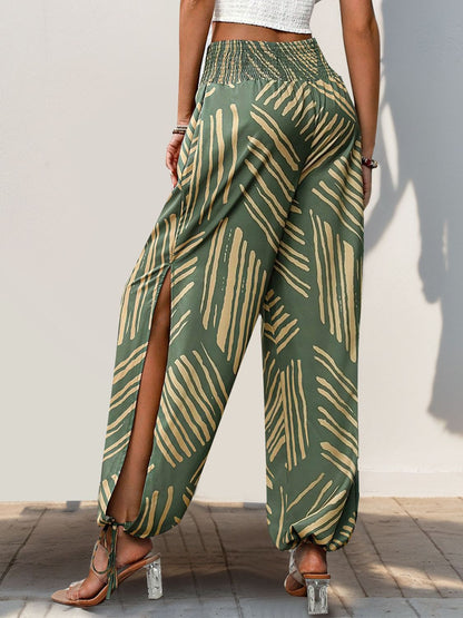 Perfee Smocked Slit Printed High Waist Pants - Serenitylovefashions LLC
