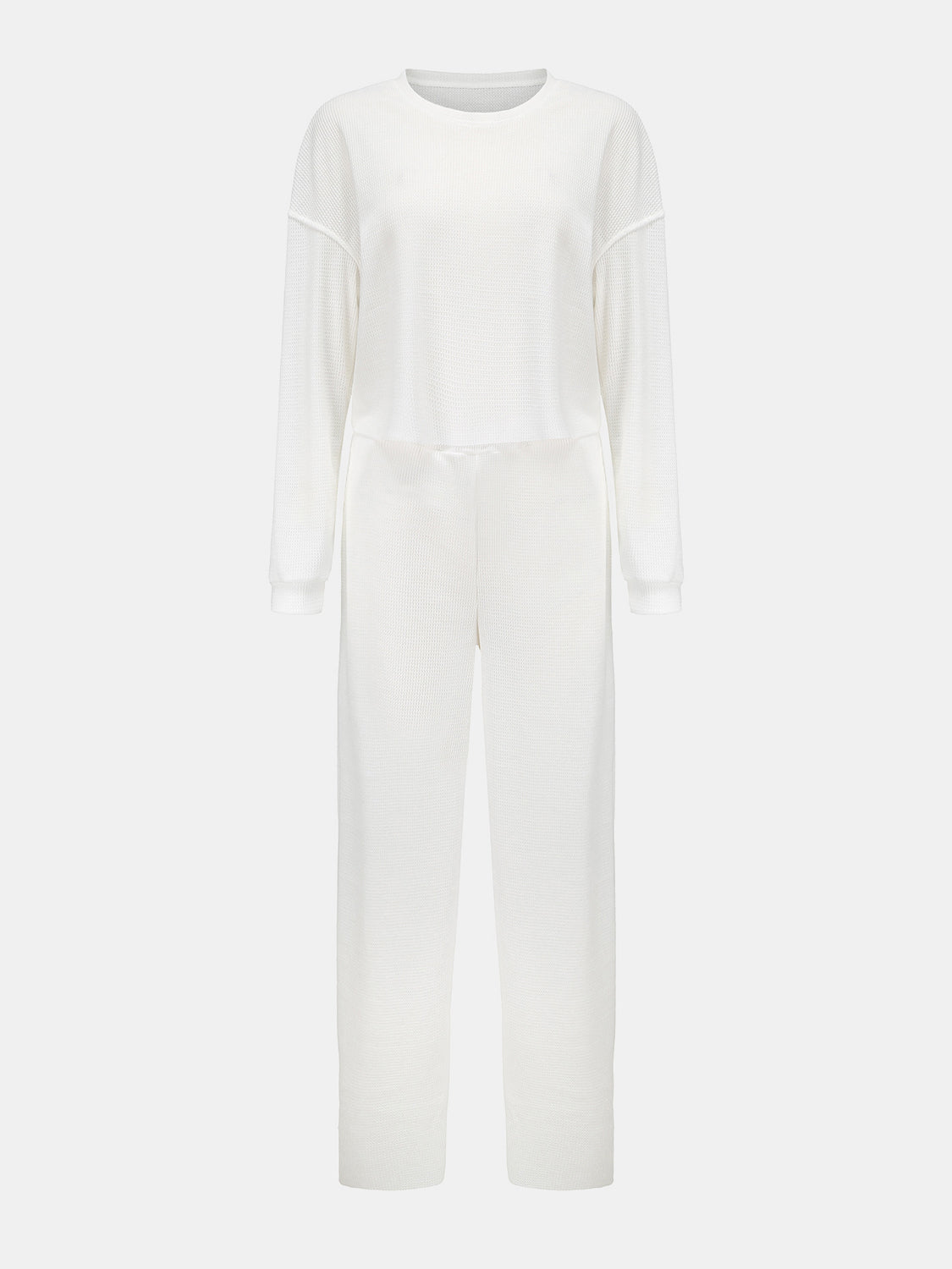 Waffle-Knit Round Neck Top and Pants Set - Serenitylovefashions LLC