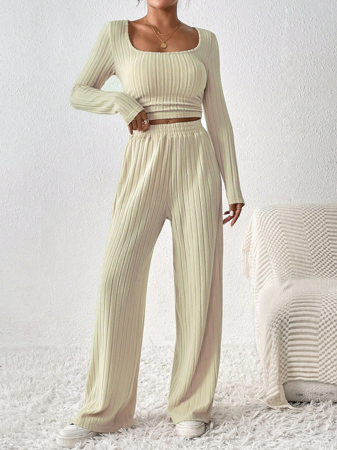 Honey Scoop Neck Long Sleeve Top and Pants Set - Serenitylovefashions LLC