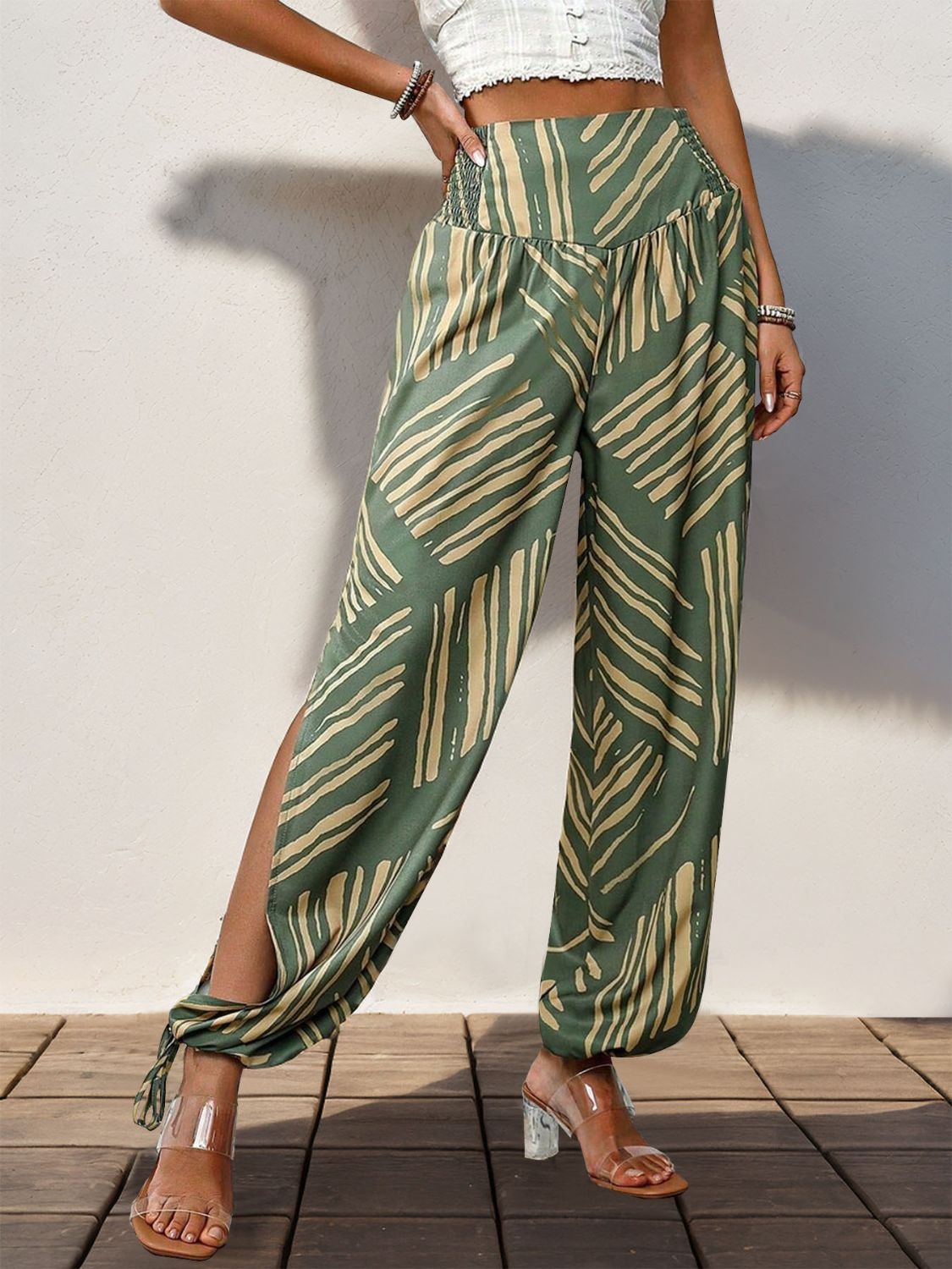 Perfee Smocked Slit Printed High Waist Pants - Serenitylovefashions LLC