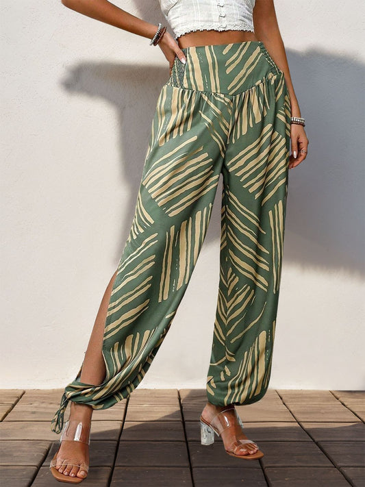 Perfee Smocked Slit Printed High Waist Pants - Serenitylovefashions LLC