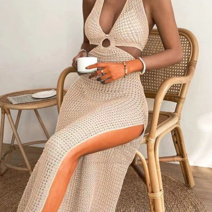 Women's Solid Color Sexy Hollow Out Dress with Slit - Serenitylovefashions LLC