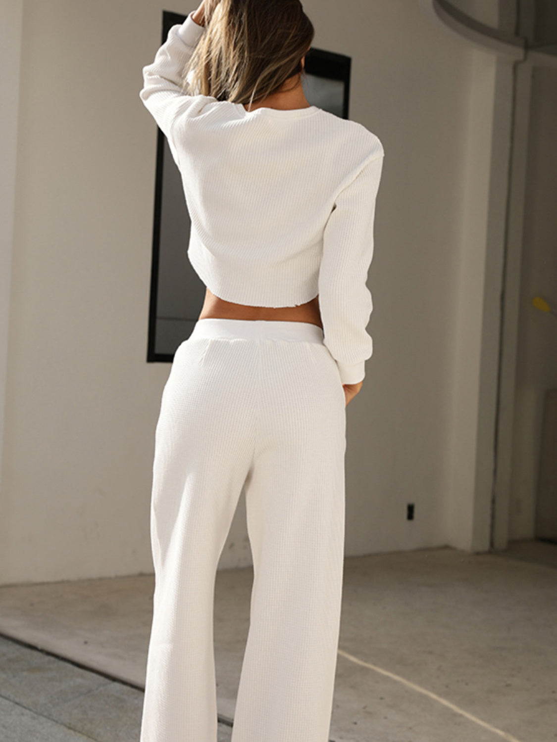 Waffle-Knit Round Neck Top and Pants Set - Serenitylovefashions LLC