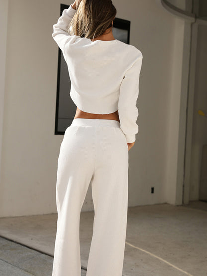Waffle-Knit Round Neck Top and Pants Set - Serenitylovefashions LLC